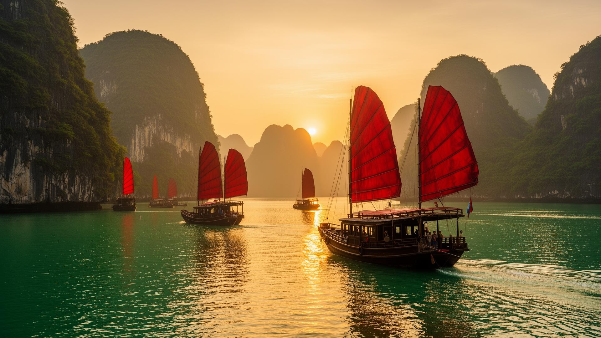 Vịnh Hạ Long lúc bình minh với thuyền buồm đỏ